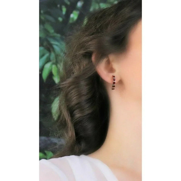 14k Yellow Gold Natural Garnet Earrings J Hoop Half Hoop Earrings - Picture 3 of 9